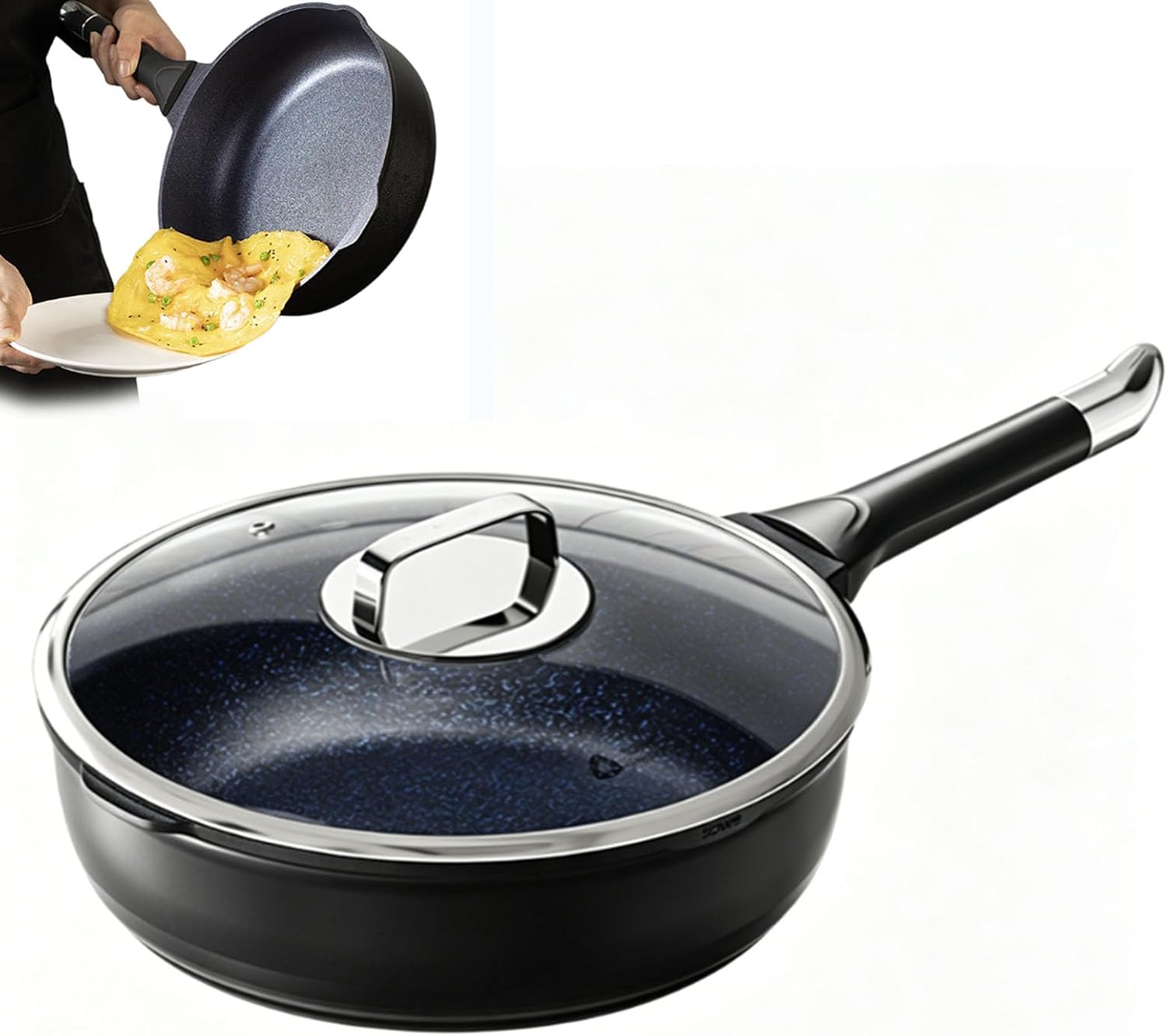 Blue Diamond Titanium Pan Pro With Lid, Upgrade Non Stick Pure Titanium Frying Pans for Cooking, Ultra-Durable, Scratch-Resistant, PFOA Free Cookware, Safe for Oven, Induction & Cooktops ﻿,9.4