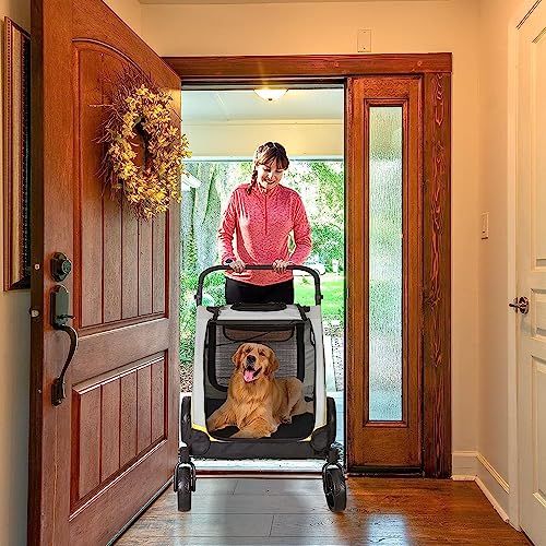 BingoPaw Schwerlast Hundewagen große Hunde: klappbar Hundebuggy bis 42kg, Hundekinderwagen mit 4 Rädern, 3 Netzfenstern, Verstellbarer Griff