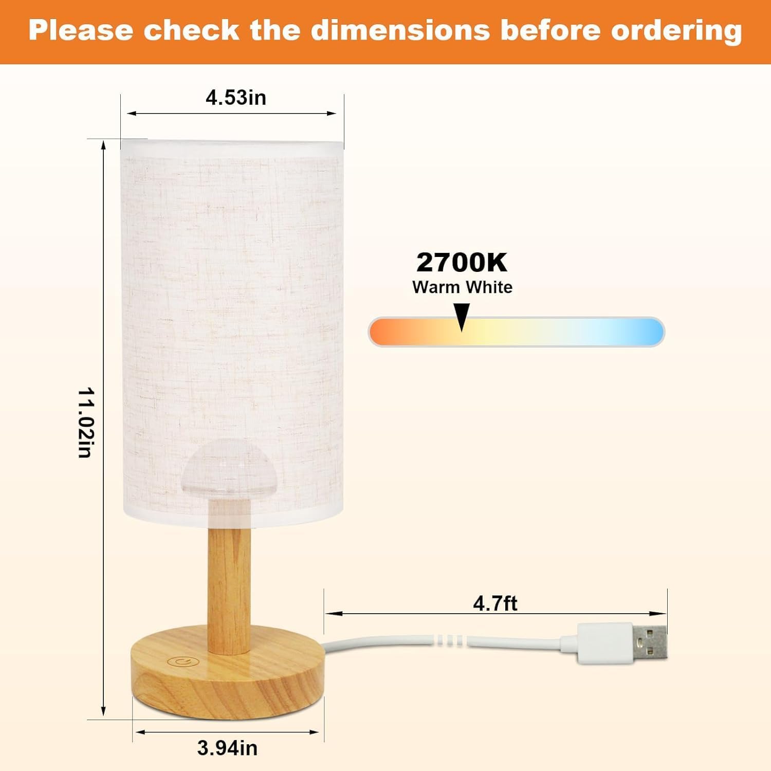 Touch Bedside Table Lamps Set of 2 - Stepless Dimming USB Powered, Minimalist Wood Base Linen Shade, 2700K Warm Night Light for Bedroom Nightstand Nursery Dorm Kitchen Small Spaces(5W LED 50K Hrs)