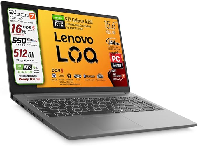 Lenovo Notebook Gaming Ryzen 7 170, RAM DDR5 16Gb Nvidia GeForce RTX 4050 6GB, SSD 512Gb, IPS DISPLAY 15,6" sRGB 100%, 144Hz, G-SYNC, Tastiera Qwerty Italiana retroilluminata, ready to use