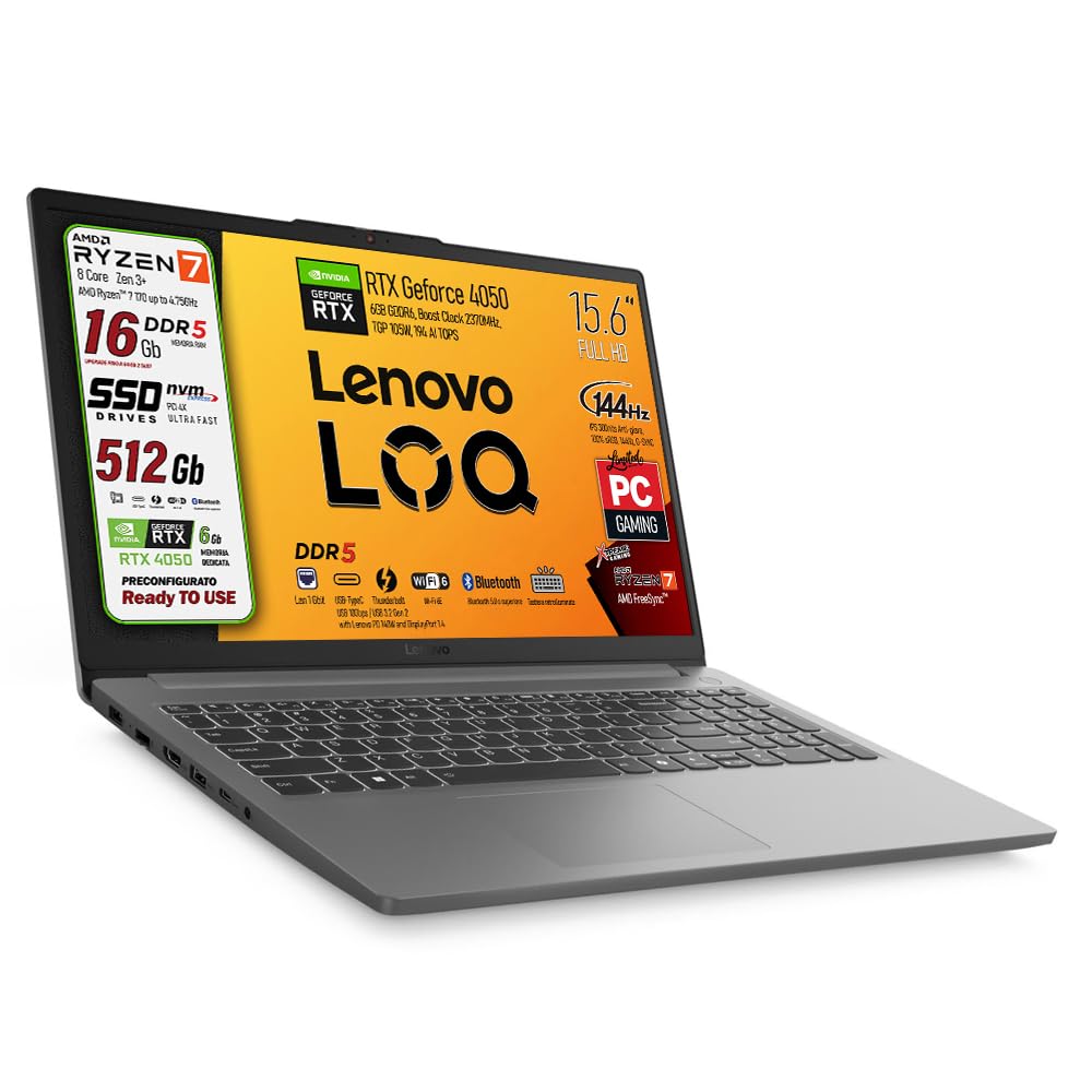Lenovo Notebook Gaming Ryzen 7 170 GeForce RTX 4050 6GB, Display 15.6 144Hz | RAM DDR5 16GB, SSD 512GB, IPS 15,6" SRGB 100 144Hz G-SYNC Tastiera Retroilluminata, ready to Use, Include alimentatore