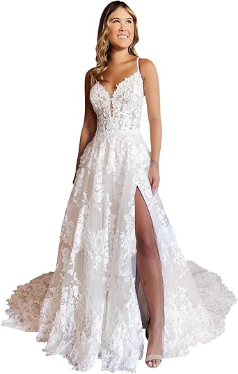 Womens Wedding Dresses for Bride 2026 V Neck Lace Backless Beach Boho Wedding Bridal Gowns
