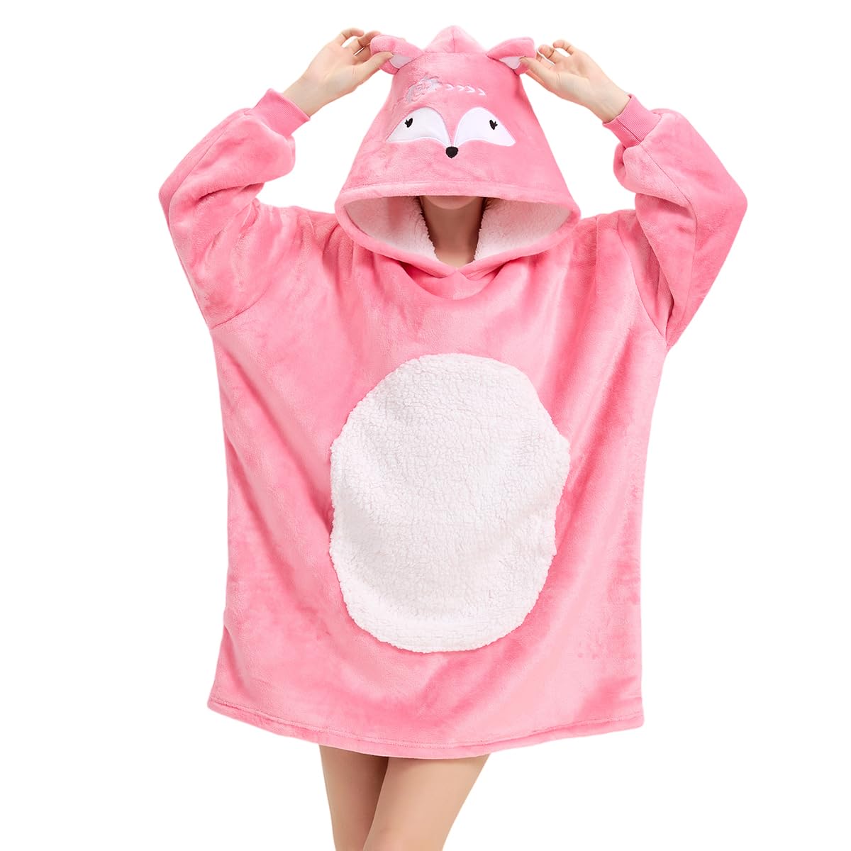 Zwierzęcy przenośny koc z kapturem, duży oversized Sherpa wygodny Snuggie dla dorosłych kobiet, Czerwony lis, jeden rozmiar
