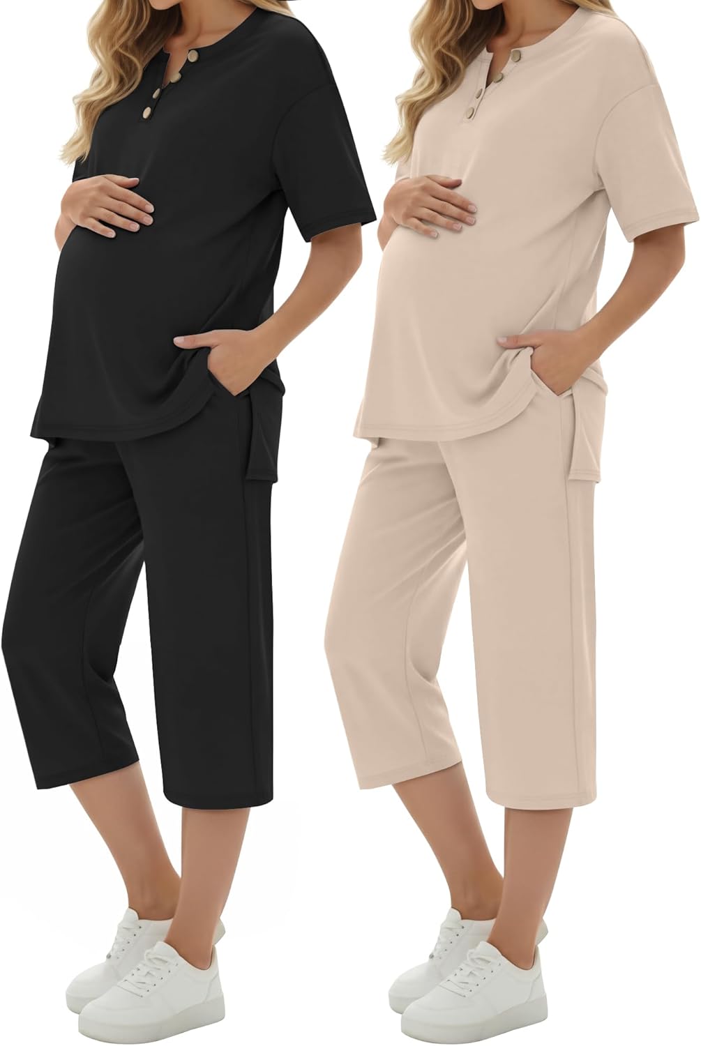 Maternity Outfit for Women 2 Pack Soft Postpartum Pajamas Lounge Set Summer Short Sleeve Top Wide Leg Capri Pants