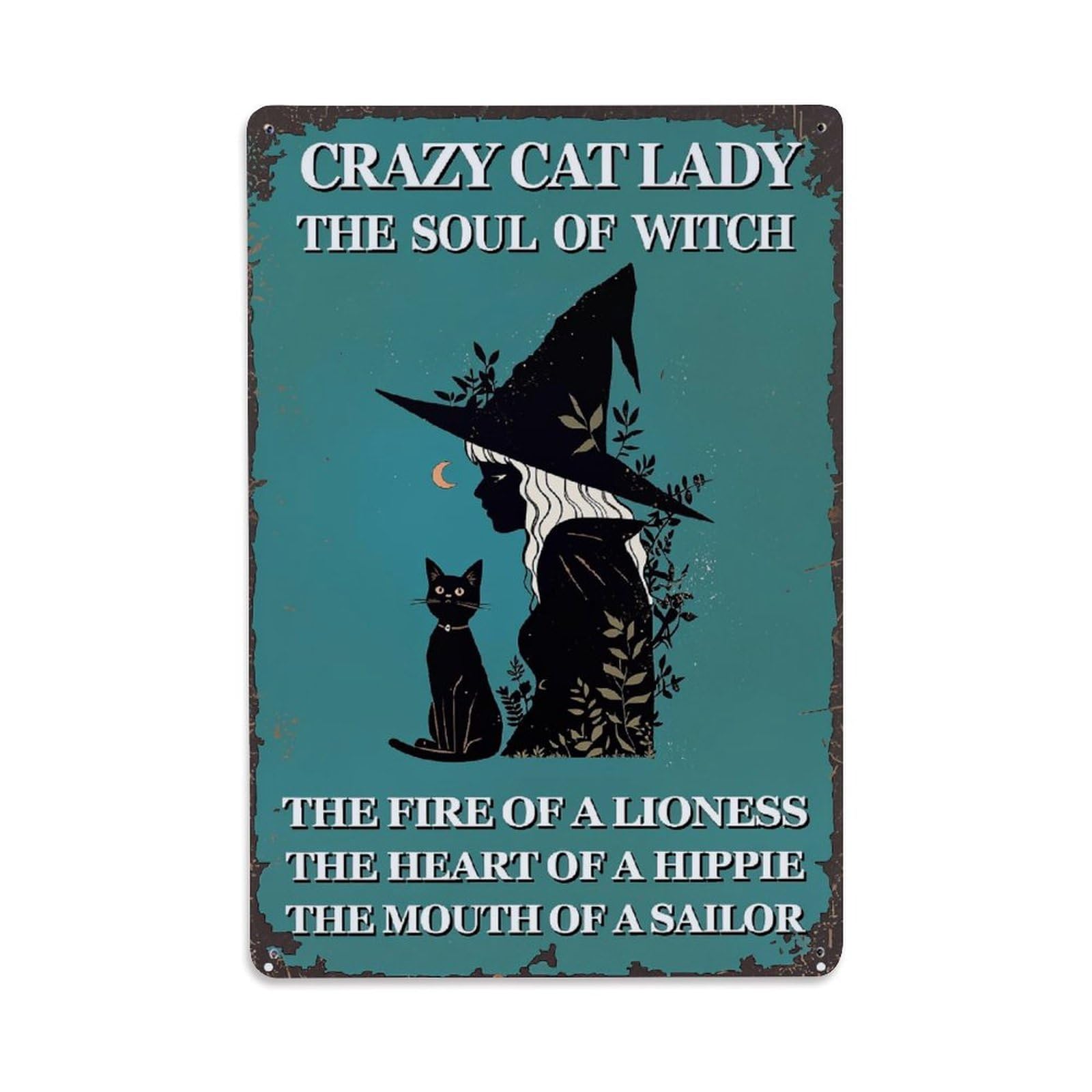 Bliveurn Vintage Crazy Cat Lady Witch Silhouette Retro Metal Tin Sign, Metal Poster For Home, Gaming Room, Studio Workshop,Bar,Garage Wall Art Decor 8X12 Inch