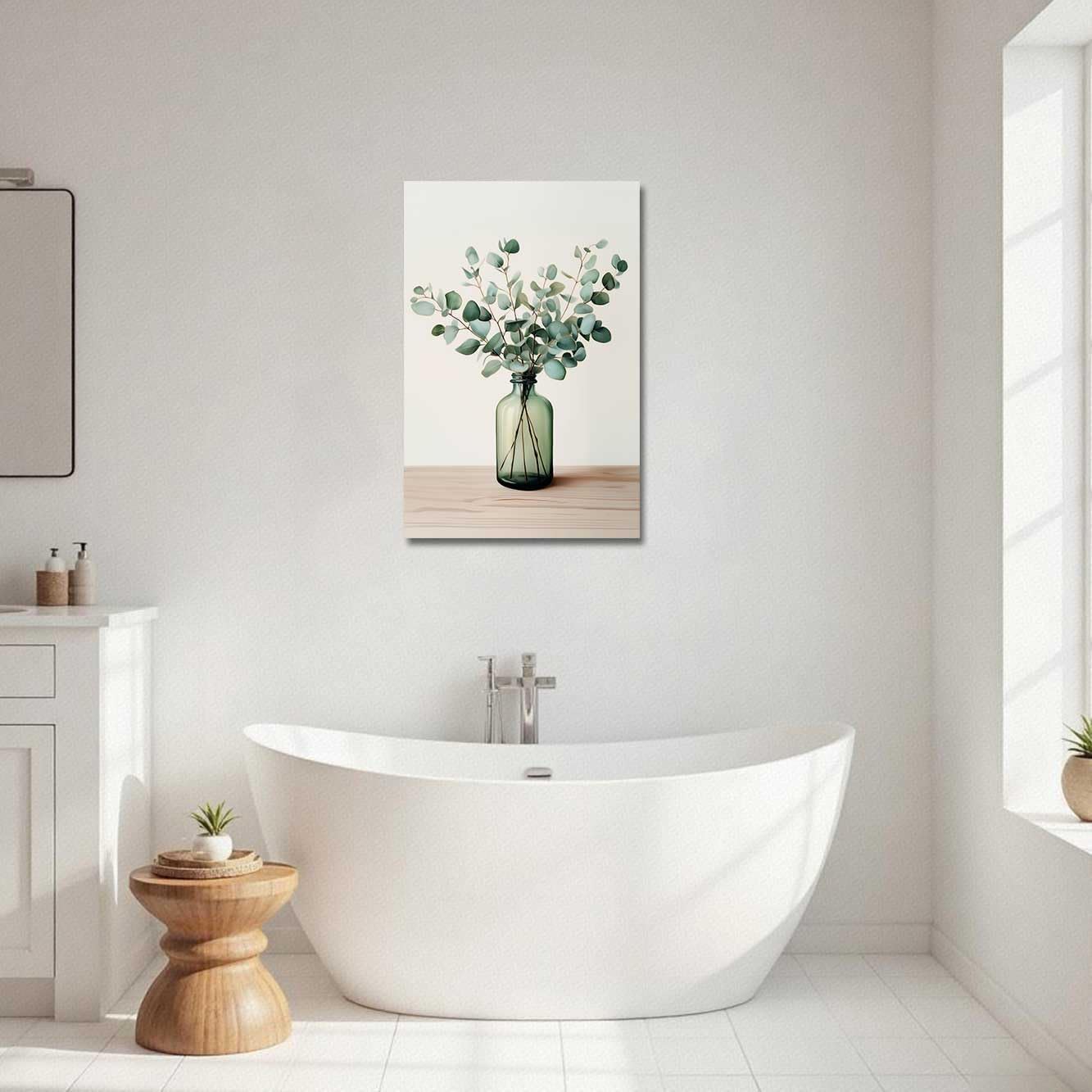 LZIMU Eucalyptus Flower Wall Art Bathroom Floral Picture Glass Vases Canvas Print Sage Green Leaves Poster Botanical Mason Jar Painting Rustic Kitchen Decor (Green, (18L x 12W))