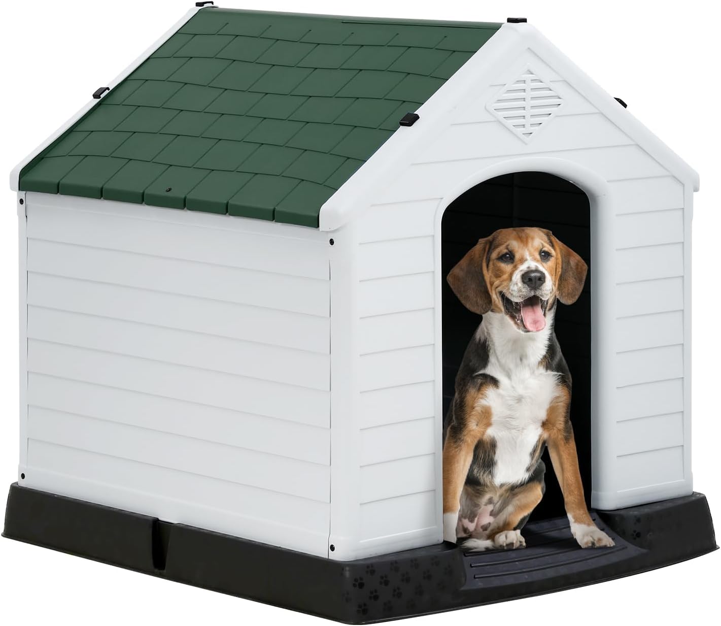 Plastic Outdoor Indoor Dog House for Medium Dog, Insulated Water-Proof Dog Kennel with Air Vents Elevated Floor, Durable,Easy Assemble and Clean (Green, 27''L*25''W*28''H)