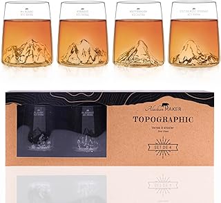 Alaskan MAKER Coffret de 4 shooters 6.5 cl - Borosilicate de qualité supérieure, soufflés artisanalement avec montagnes en relief | TOPOGRAPHIC (Everest, Mont Blanc, Pic du Midi & Matterhorn)