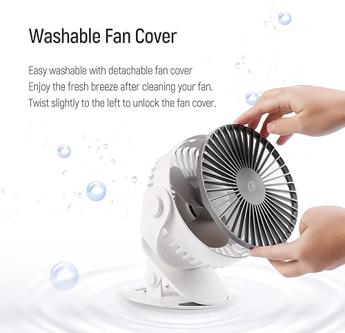 Miniatura 9 de Ventilador portátil con clip, rotación de 360 grados, funciona con batería recargable, 2,000 mAh, hasta 6.5 horas de tiempo de trabajo, con