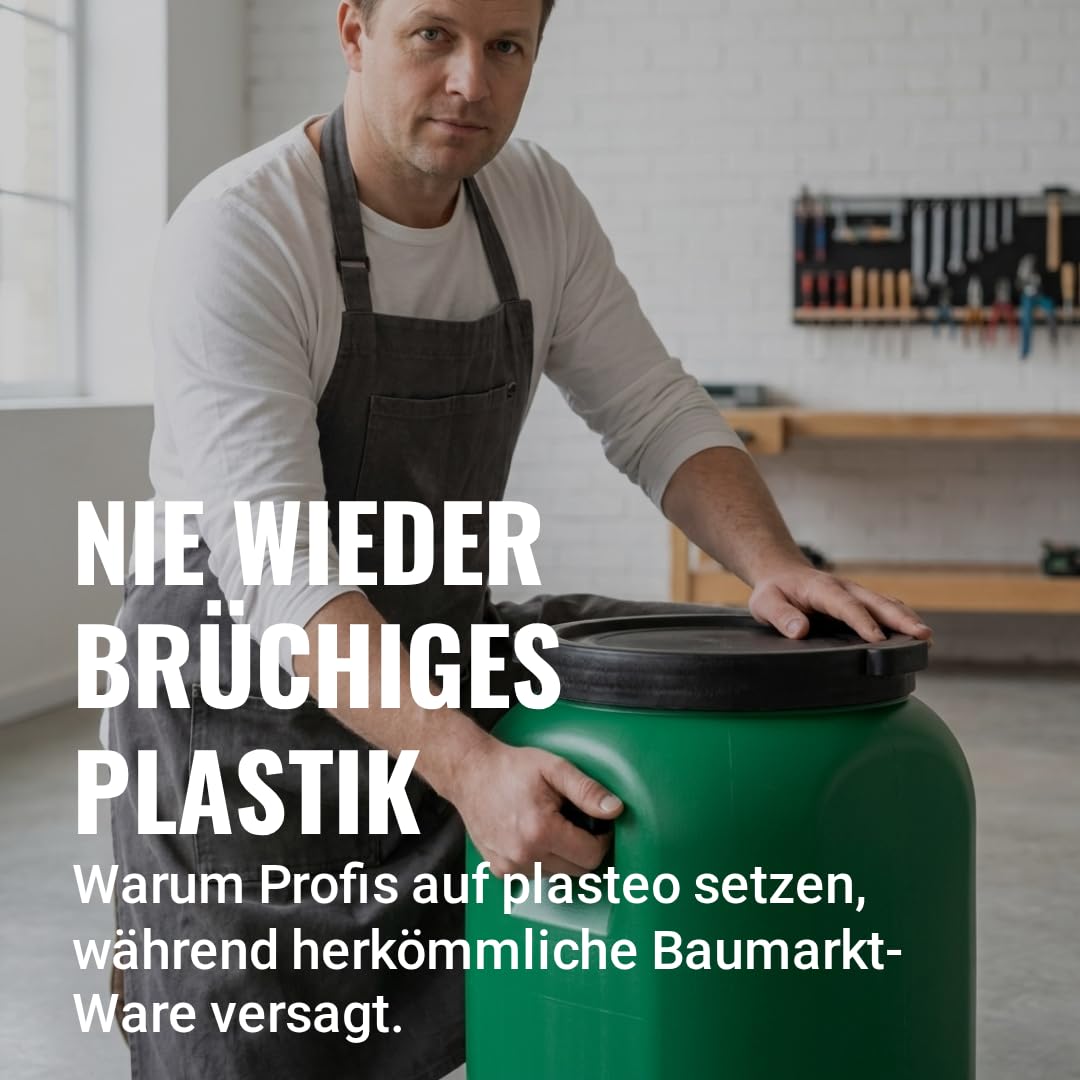 plasteo Barril de boca ancha con tapa, apto para alimentos – barril universal HDPE estable con cierre de rosca, para pienso, almacenamiento y transporte, verde (2x 60 L Cuadrado)