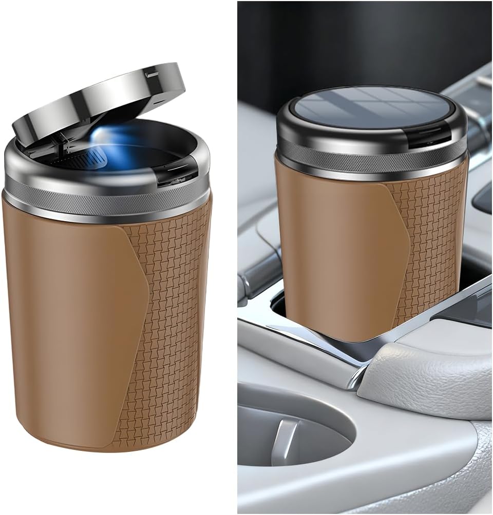 Car Ashtray with Lid, Smokeless Portable Smell Proof Vehicle Ash Tray with LED Light, Extinguished Detachable Automotive Interior Ashtray, Universal for SUV Automobile Truck (Black)