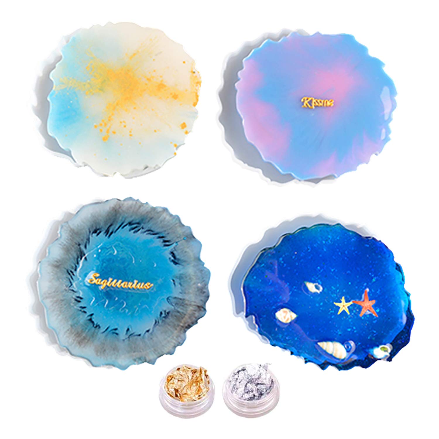 Stampo Sottobicchiere In Silicone Per Resina, Kit Fai-da-te Con Fiori Secchi, Foglia Oro E Pinzette, 6 Pezzi