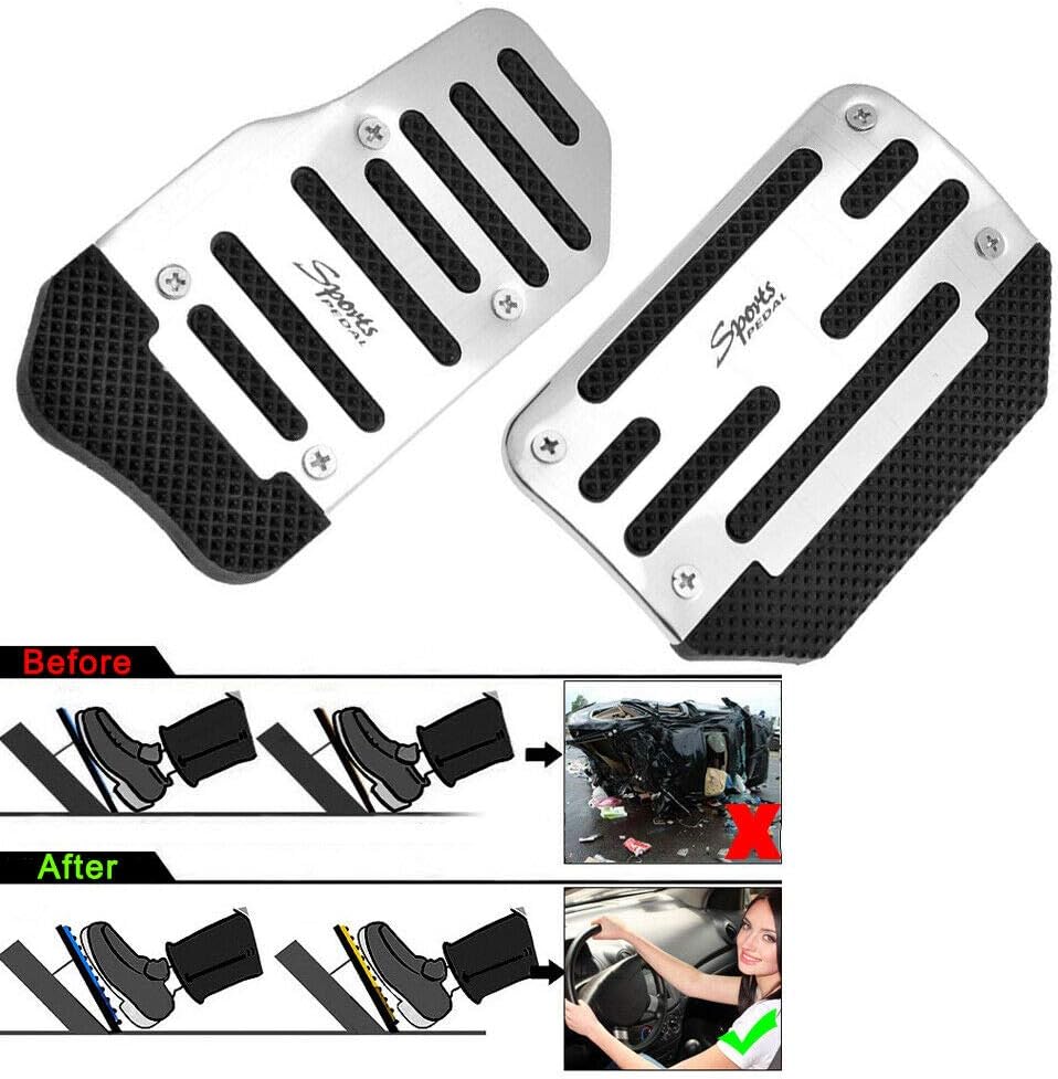 MACHSWON 2 PCS Car Non-Slip Aluminum Alloy Pedal Pads, Manual/Automatic Gearbox Gas Pedal Brake Pedal Cover, Anti-rubbing Car Clutch Pedal Kits, Auto Universal Replacement Accessories Silver