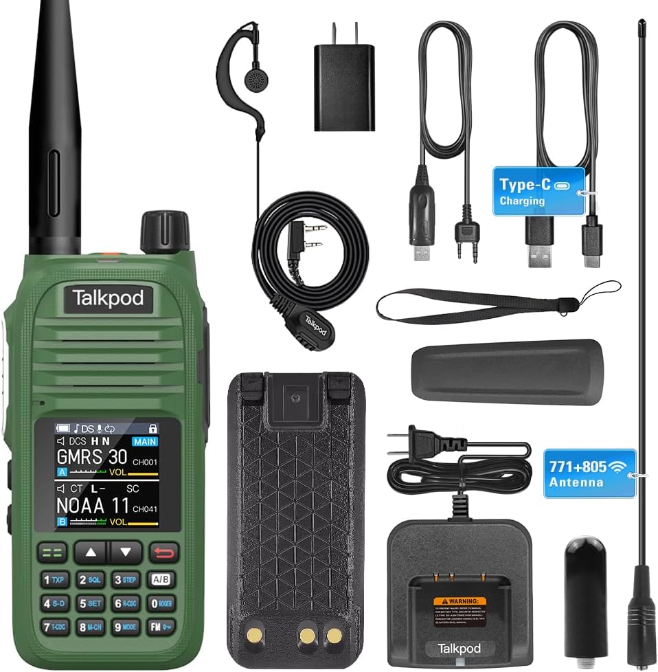 A36SE GMRS Handheld Radio Long Range, Multi Band Walkie Talkie with 771 Aviation Antenna & 805 Antenna, Type-C Rechargeable Battery, AM/FM Reception, NOAA, Two Way Radio with Earpiece (Green)