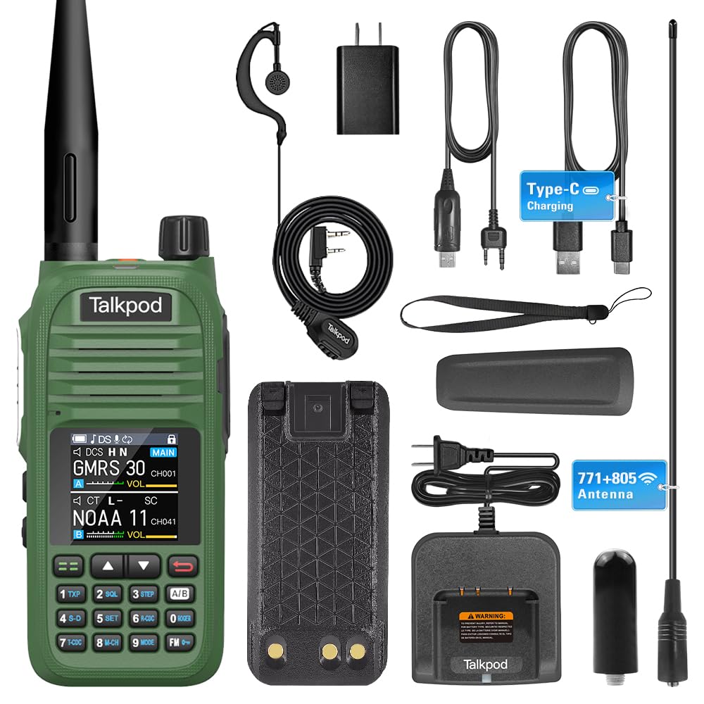 Talkpod A36SE GMRS Handheld Radio Long Range, Multi Band Walkie Talkie with 771 Aviation Antenna ? 805 Antenna, Type-C Rechargeable Battery, AM/FM Reception, NOAA, Two Way Radio with Earpiece (Green)