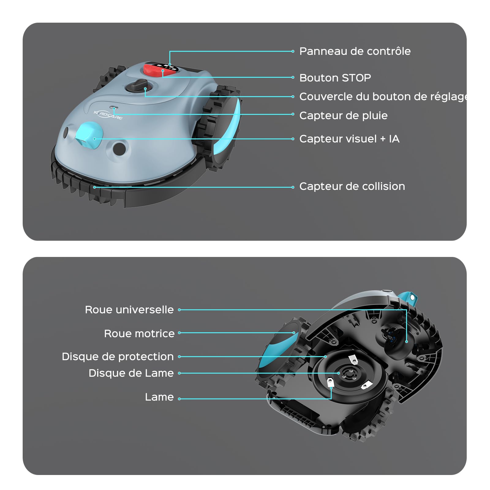 YARDCARE V100 Robot Tondeuse sans Fil Périphérique avec Navigation Visuelle, Détection d'obstacles 150, Robot Tondeuse Gazon avec Batterie(4Ah), Peigne à Herbe, Lames de Rechange