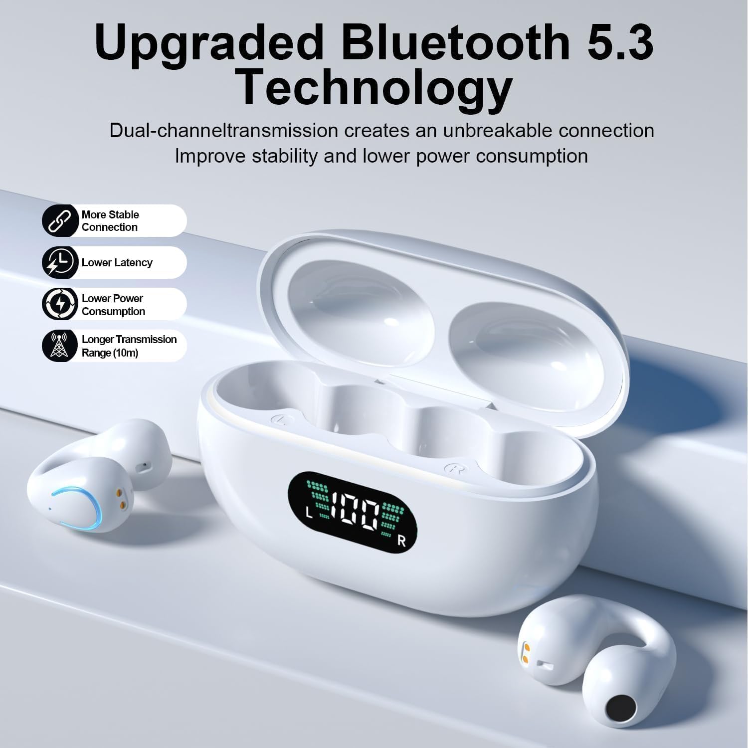 open ear headphones bone conduction headphones clip on earbuds bluetooth 5.3 wireless earphones with led power display charging case ipx7 waterproof sports for workout driving walking 87