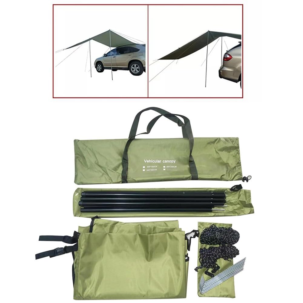 Auvent latéral de voiture, 300 x 150 cm, 210D Oxford imperméable, tente de toit pour camping, vert kaki, avec poteaux réglables et sac de transport