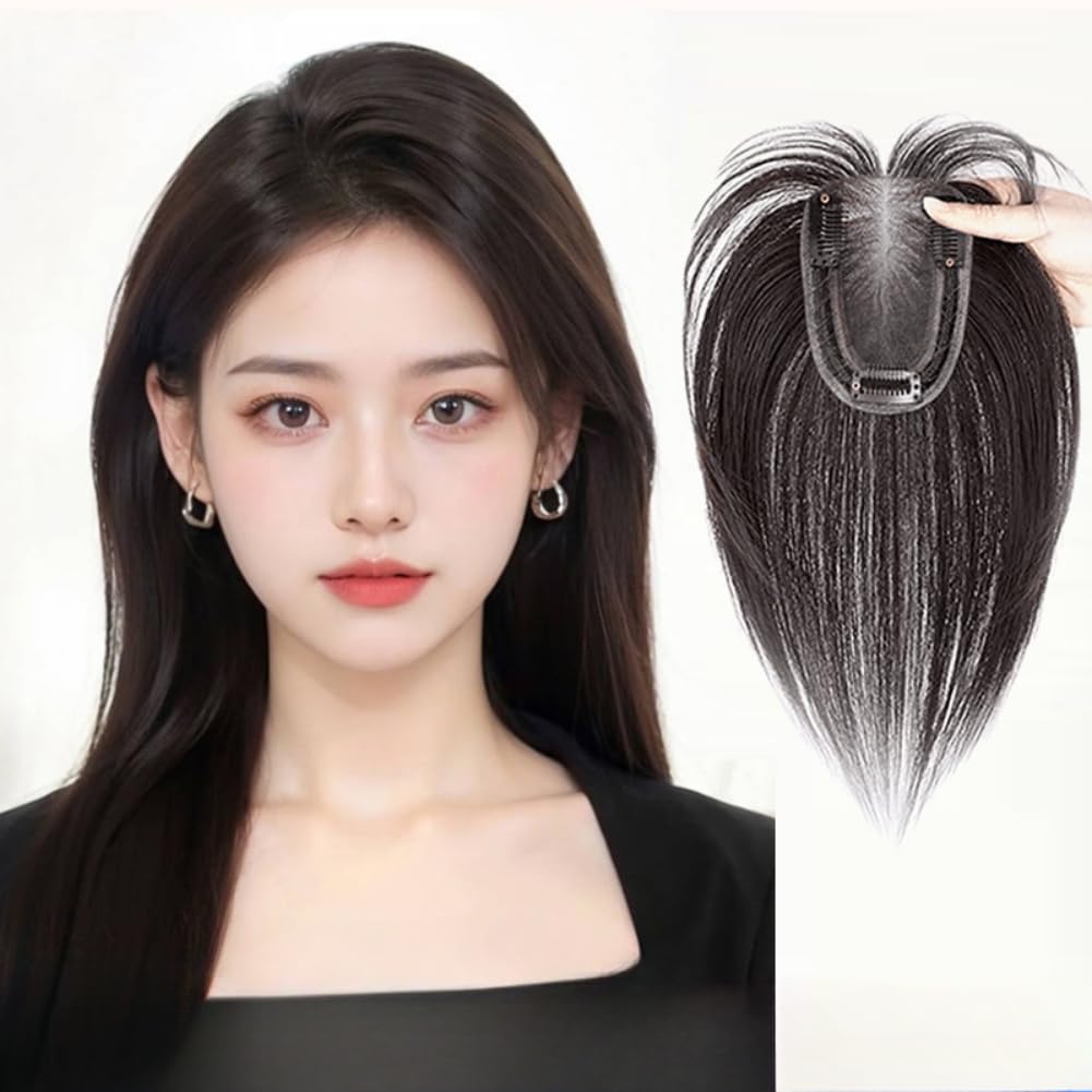 3.1x3.9inch 9.8inch Hand Made Swiss Net Invisible Straight Topper Clip in Hairpiece Human Hair Wiglet for Women Thin Hair (Natural black,Middle part)
