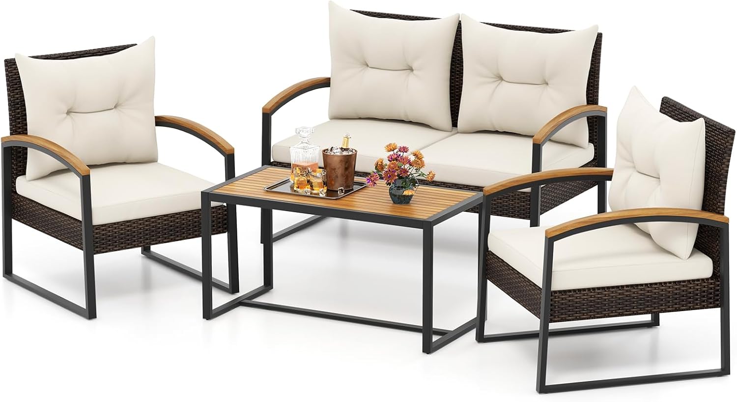 Tangkula 4 Piece Patio Conversation Set, with Heavy Duty Solid Acacia Wood Armrests & Tabletop, Outdoor Cushioned Wicker Furniture Set for Backyard, Poolside, Lawn, Balcony (1, Off White)