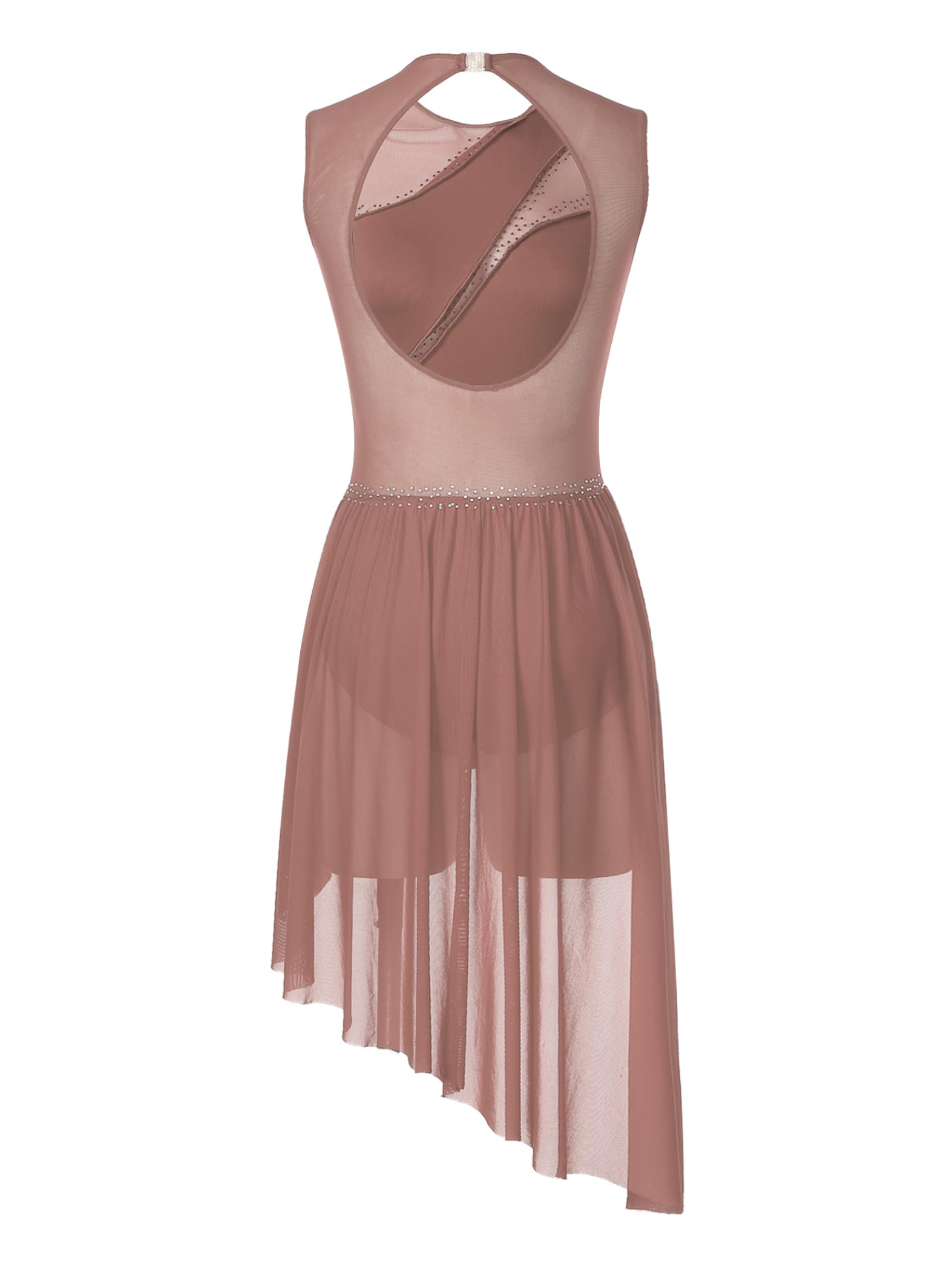 Vestido de patinaje artístico para mujer sin mangas brillante con falda asimétrica