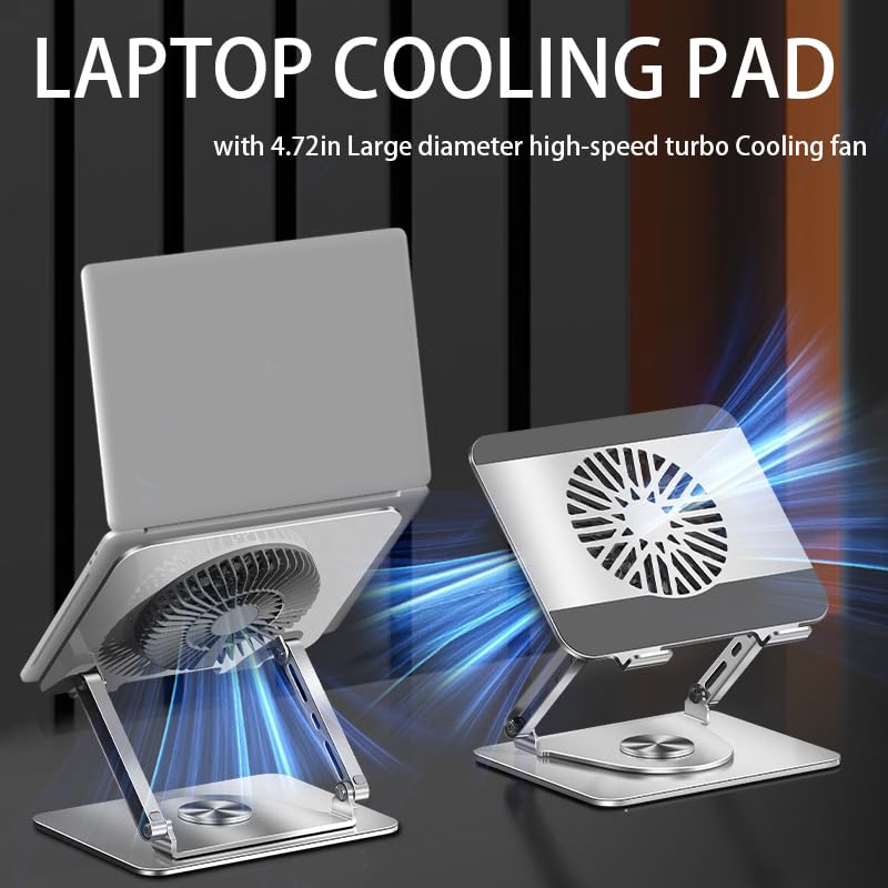 Almohadilla de enfriamiento para laptop Soporte giratorio de 360° para laptop con ventilador de refrigeración turbo de 5 pulgadas, 2 ángulos ajustables y almohadilla de enfriamiento ajustable de 0 a 3