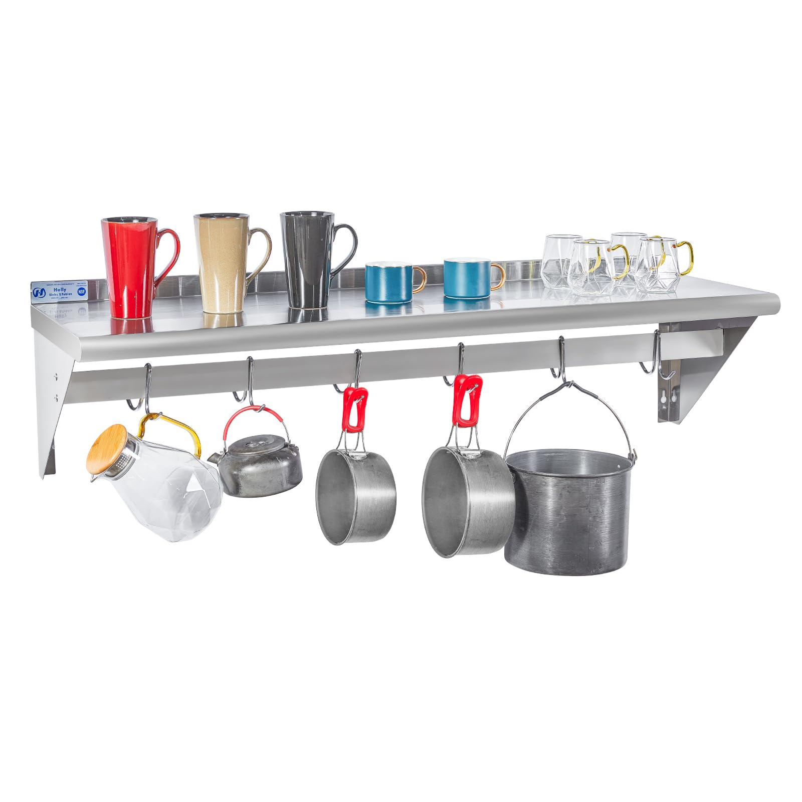 Hally Stainless Steel Shelf with 6 Hooks 14"x48" Wall Mounted Pot Rack NSF