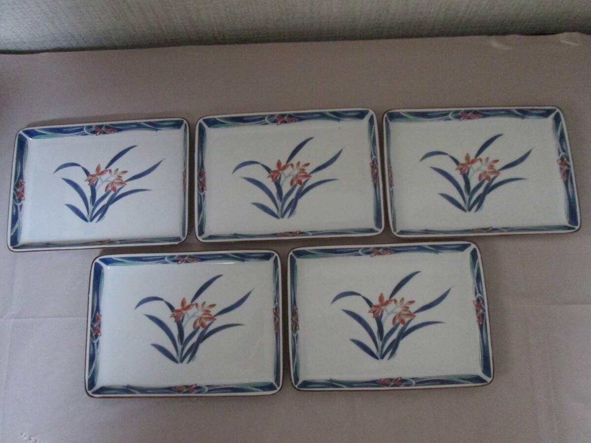 Amazon.co.jp: 庫山窯 あやめ 角皿揃 5枚セット 長角皿 銘々皿 色絵