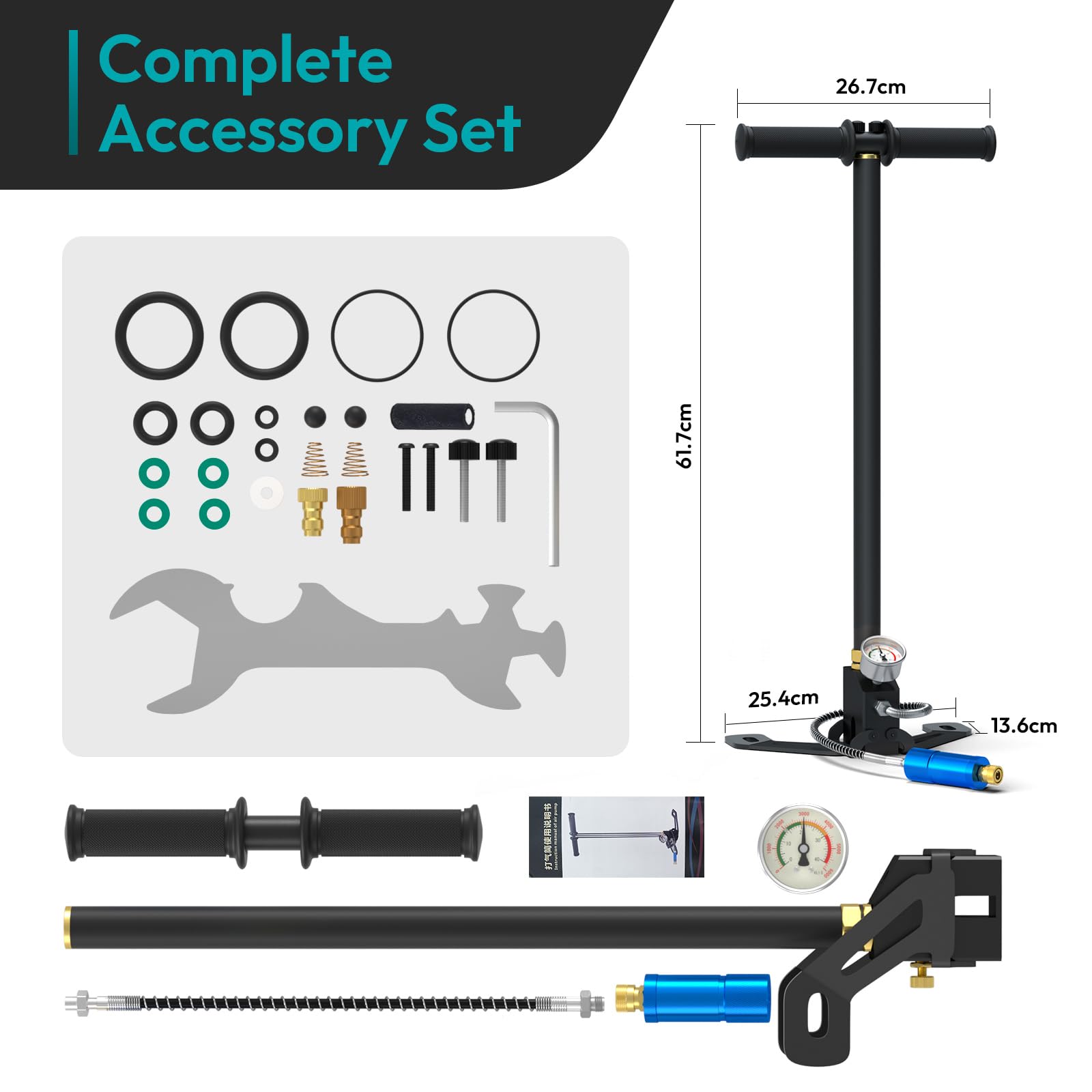 Pompe à air de plongée, Pompe à Pneumatique pour Pneus Haute Pression, Pompe à air Portable PCP Pédale Pliable avec Manomètre Précis