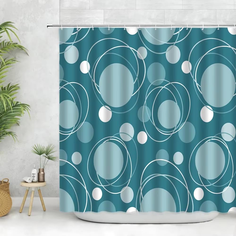 KELAIMI Teal Blue Abstract Circle Shower Curtain,Abstract Simple Geometric Bathroom Curtain,Waterproof Washable Bathtub Curtains with Hooks Blue 90X180Cm