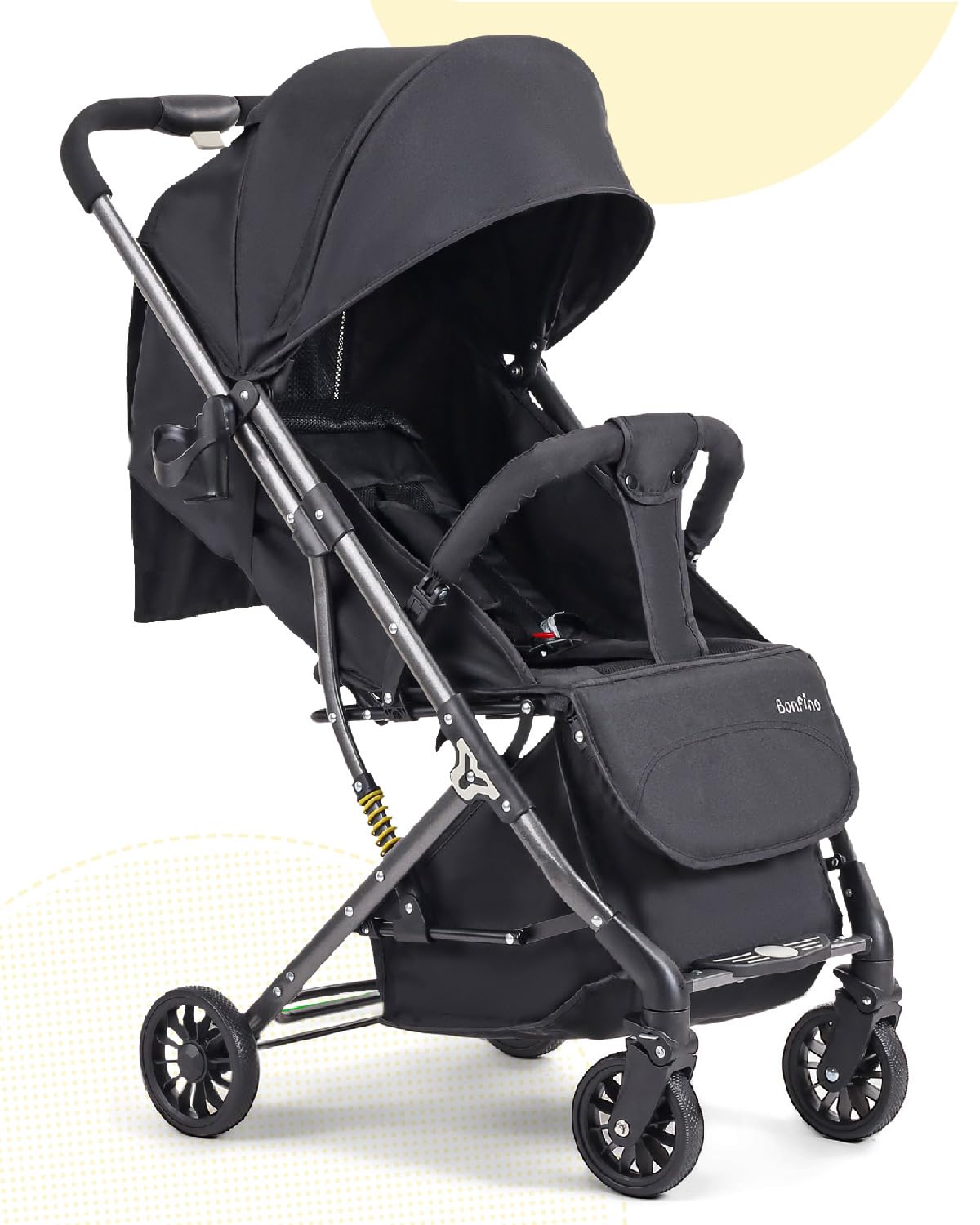 Bonfino Breeze Lite Premium Baby Stroller, Easy to Carry Pram with Trolley Handle, Equipped with Safety Harness, Storage Basket,Swivel Wheels,Baby Stroller for 0-3Years,Self-Standing When Folded,Black-image-33