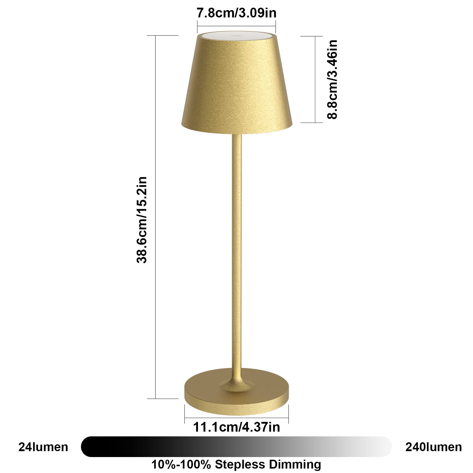 K-Bright lampada da tavolo ricaricabile in alluminio | 240LM | 3000K luce bianca calda Lampada da scrivania senza fili | interni/esterni Lampada da tavolo con base di ricarica a contatto (Oro)