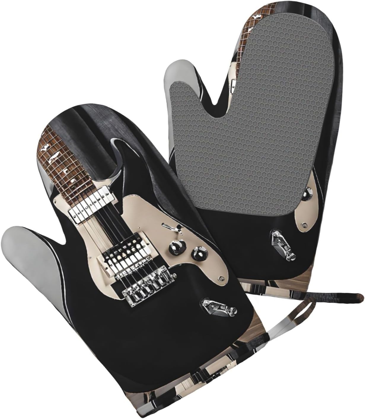 Musical Guitar Oven Mitts and Pot Holders Set of 4 Heat Resistant Kitchen Gloves with Silicone Palm Hot Pads for Baking Cooking Grilling BBQ