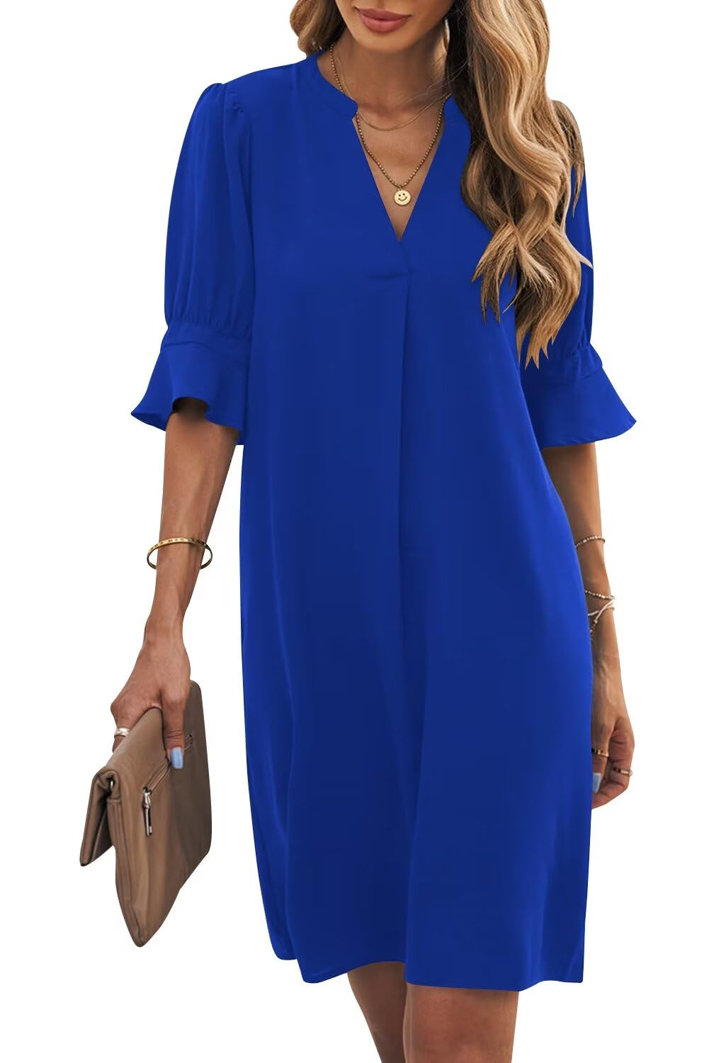 Wkior Shift Dress for Women V Neck Short Sleeves Solid Color Casual Summer Dresses(S-2XL), B1-Klein Blue, M