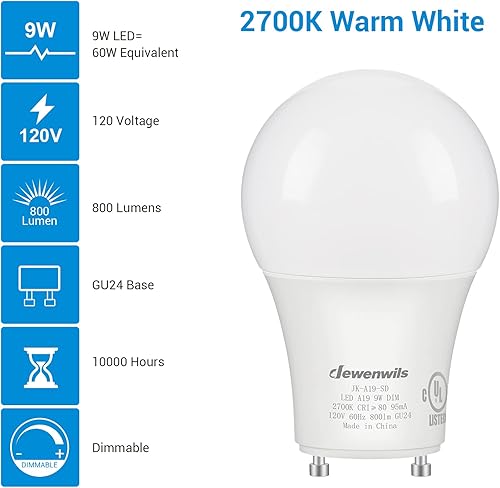 Miniatura 10 de DEWENWILS Bombilla LED GU24, equivalente a 60 W, bombillas regulables de 2 puntas, luz blanca diurna de 5000 K, 9 W 800 lúmenes, bombillas en forma