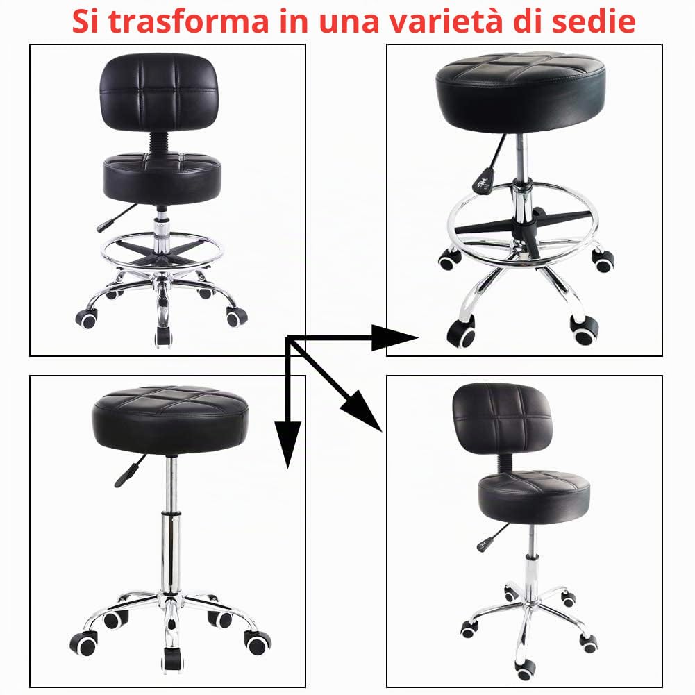 KKTONER Sgabello a rotelle con poggiapiedi Altezza Regolabile Nero
