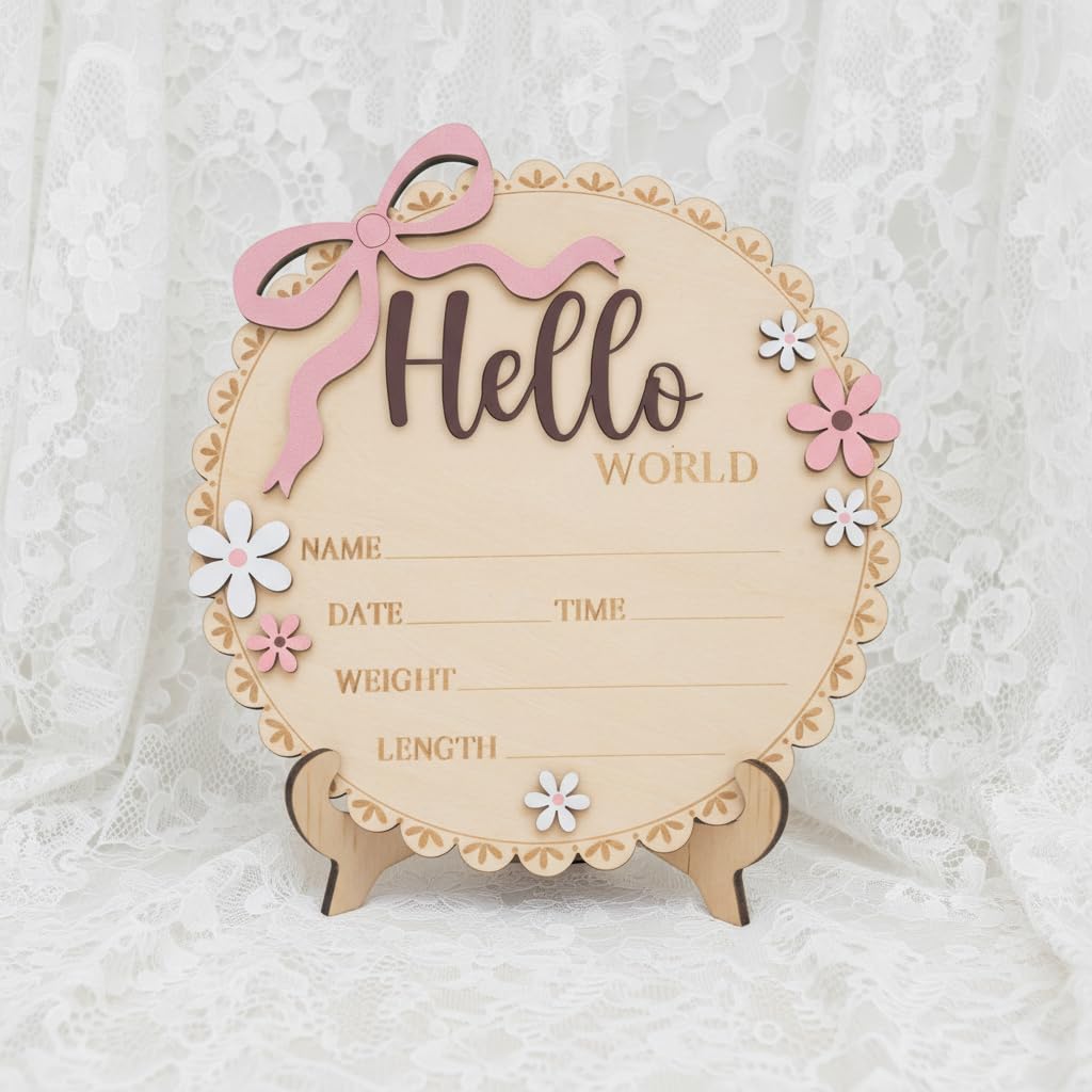 Hello World Wooden Baby Birth Announcement Sign, Pink Floral Newborn Name Date Time Weight Length Board, Baby Girl Nursery Decor Photo Prop Keepsake (Light Pink + Mouve)
