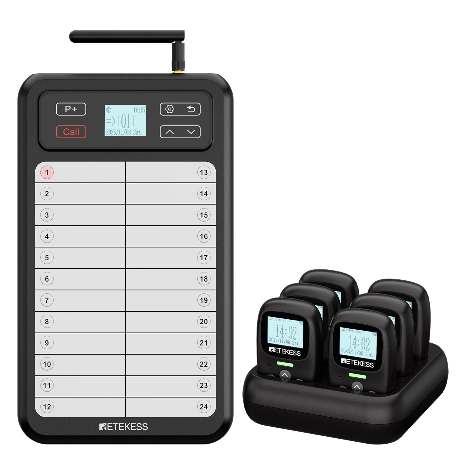 Retekess TD037 Restaurant Pager System, Pager Rufsystem mit 24 Tasten Schreibtafel, Einfache Bedienung, Blinklicht und Summer, 6 Pager und Piepser für Restaurants, Cafés, Bars und Hotels