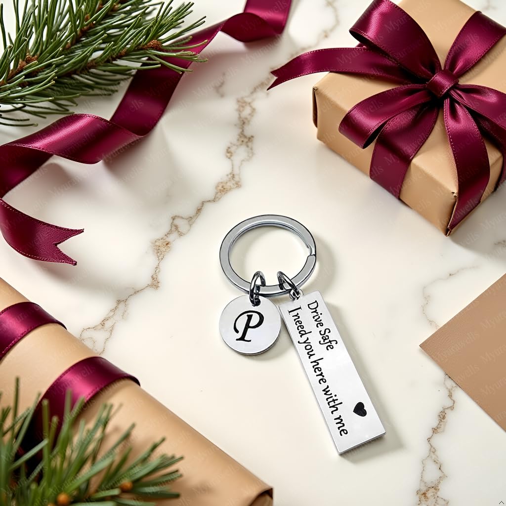 Myura Wels Drive Safe Keychain 26 Letters (A-Z) Keychain Gifts for Boyfriend Couple Husband Dad Birthday Christmas Valentines Day Gift