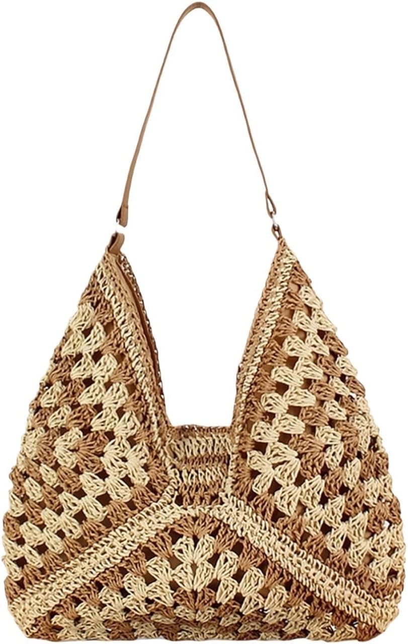 Sac en vélin et paille tressée de couleur café au design raffiné hobo
