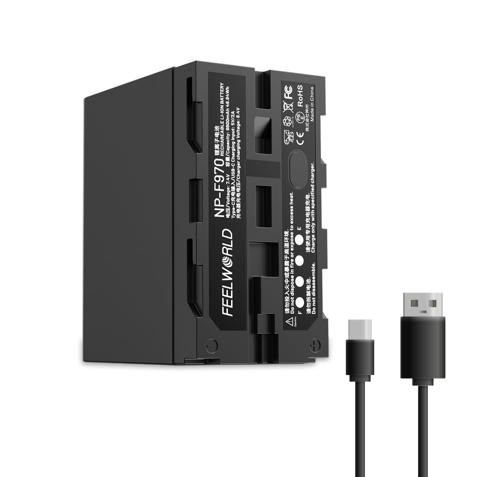 FEELWORLD 1 Pack Batería de Repuesto NP-F970 6600mAh para NP-F970 F960 F950 F770 F570 F550, USB-C Recargable rápido para luz LED, Monitor de cámara, transmisión inalámbrica