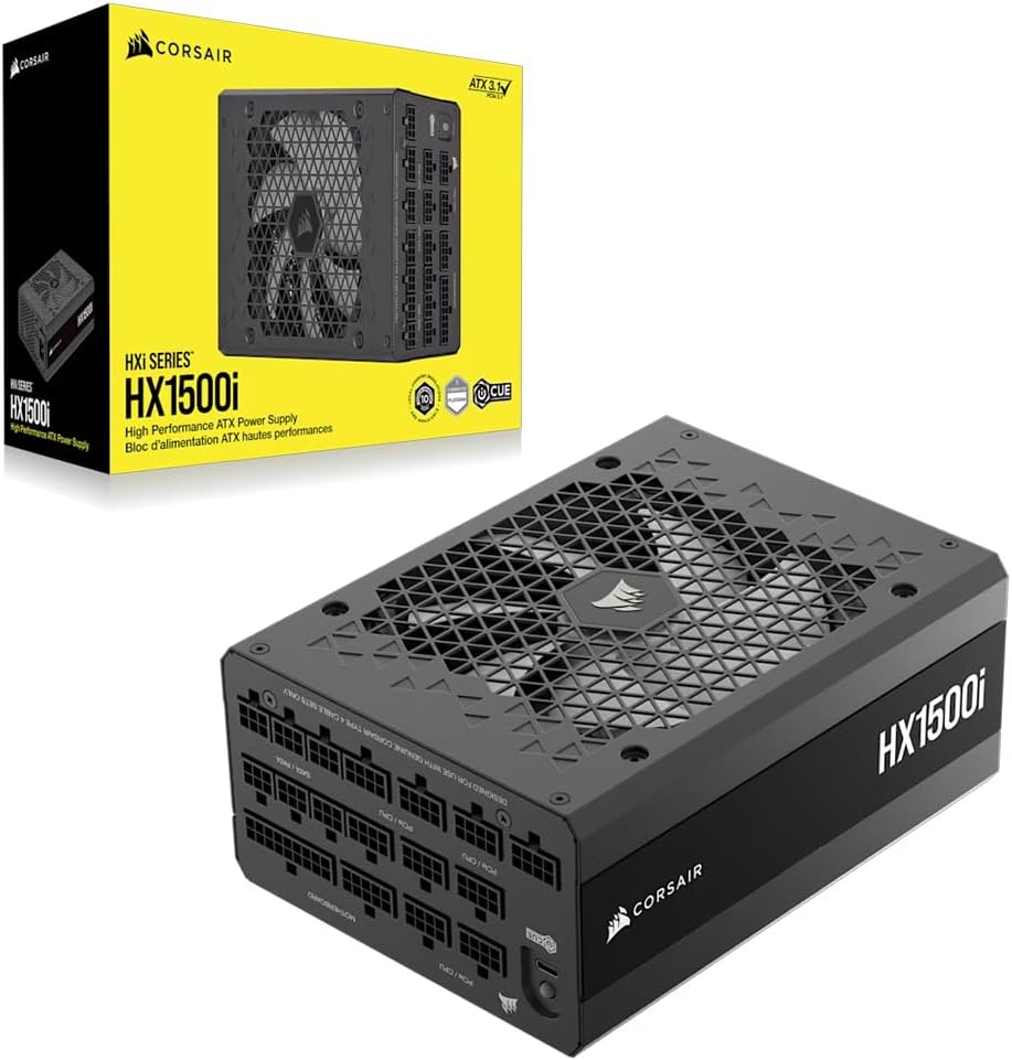 Corsair HX1500i (2025) Fully Modular Ultra-Low ATX Power Supply with Low Noise and 12V-2x6 Cable – ATX 3.1 & PCIe 5.1, Cybenetics Platinum Efficiency, Liquid-Dynamic Bearing Fan – Black
