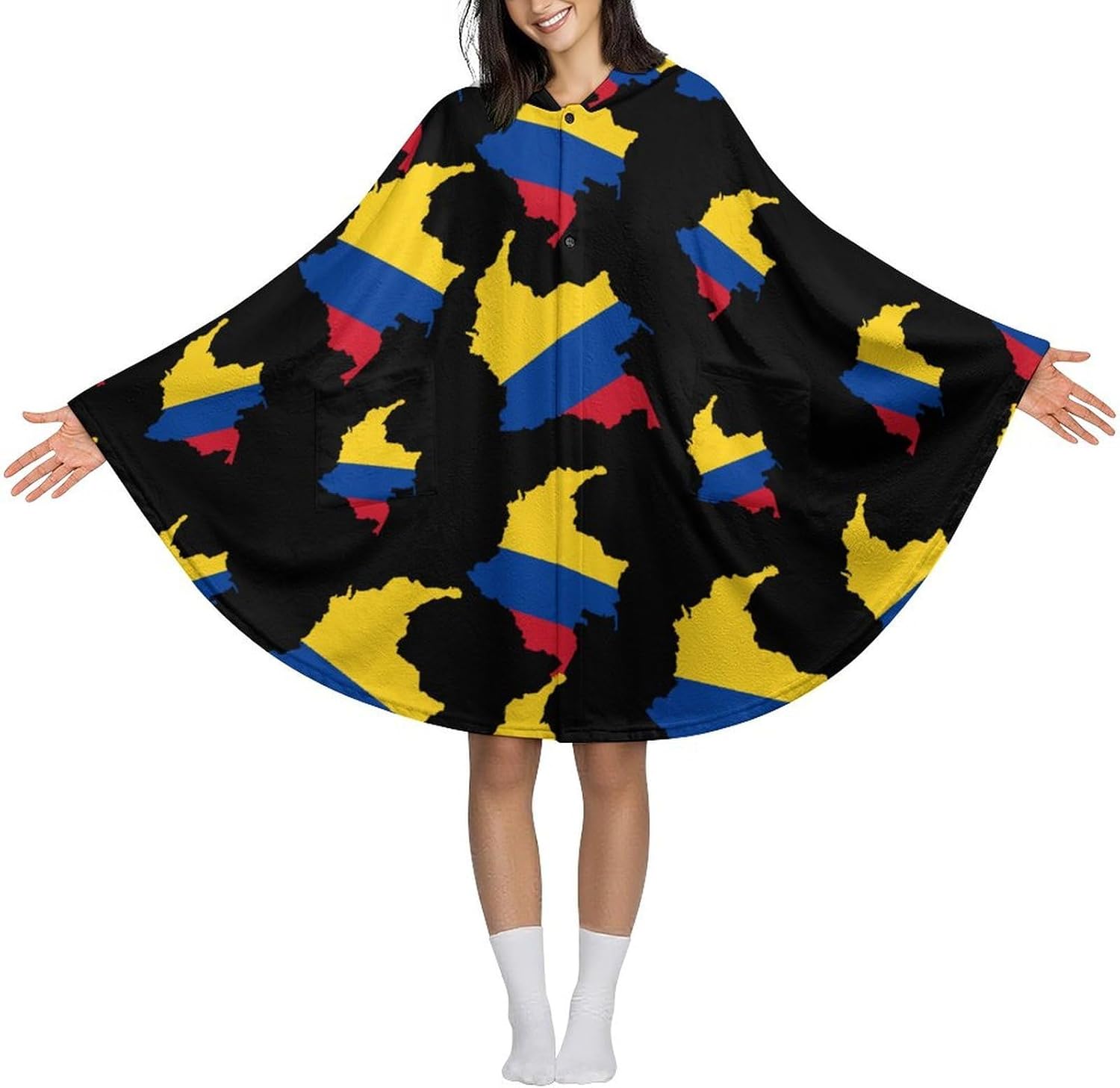 Colombian Flag Map Wearable Blanket with Hooded Flannel Blankets Cape with Pocket