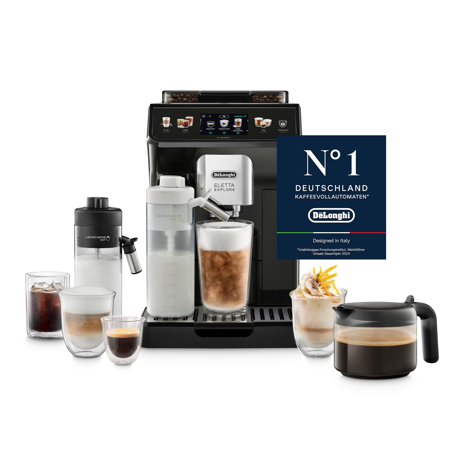 De’Longhi Eletta Explore - Perfetto Kaffeevollautomat mit LatteCrema-Milchaufschäumer, 50 Getränke inklusive Cold Brew auf Knopfdruck, farbiges Touch-Display, Dunkelgrau (ECAM452.67.G)