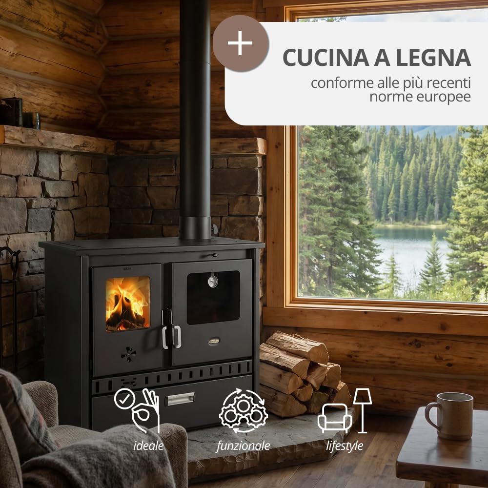 Prity 1P36D - Forno a legna con forno singolo, certificato CE, fornello da cucina compatto a combustibile solido
