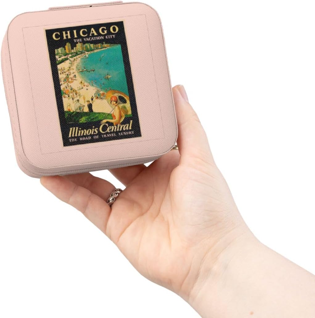 3dRose Vintage Chicago The Vacation City Travel Poster Jewelry Travel Case Pink