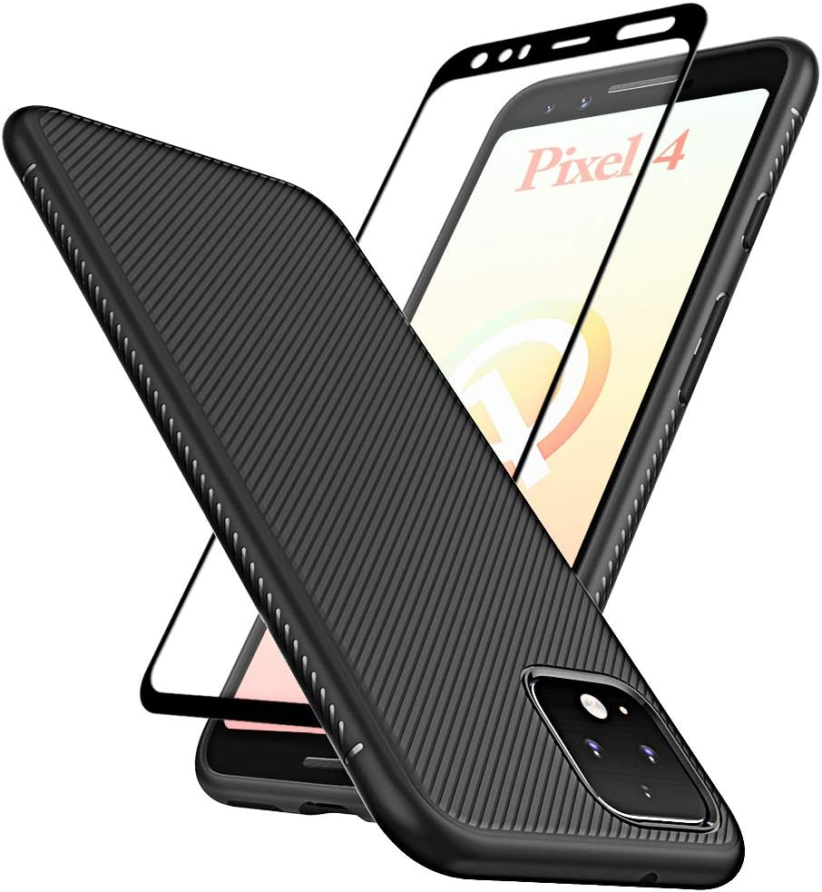 Google Pixel 4 Case with Tempered Glass Screen Protector Scratch Resistant Anti Slip Grippy Soft TPU Case for Google Pixel 4 Phone (Black)