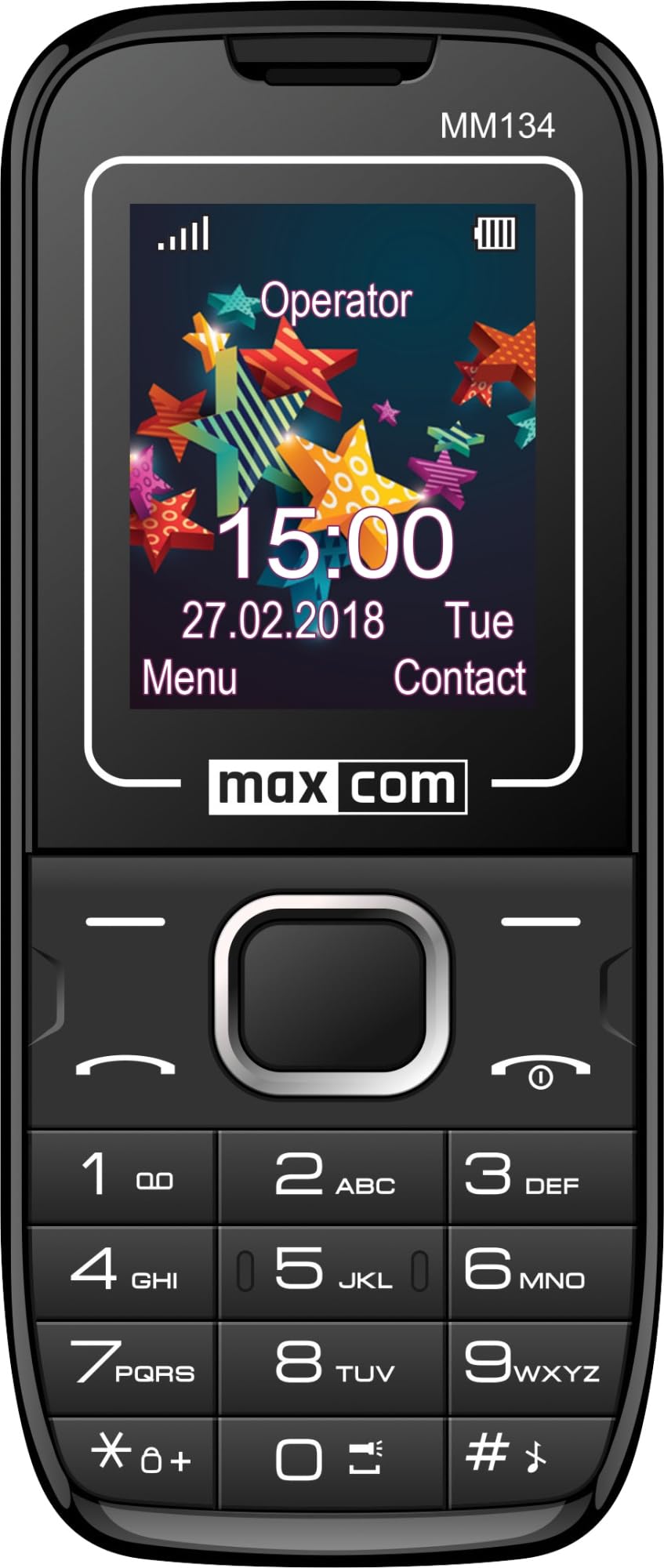 Maxcom MM134 2G Senior Mobile Phone with screen displaying time and signal, and physical keypad visible.