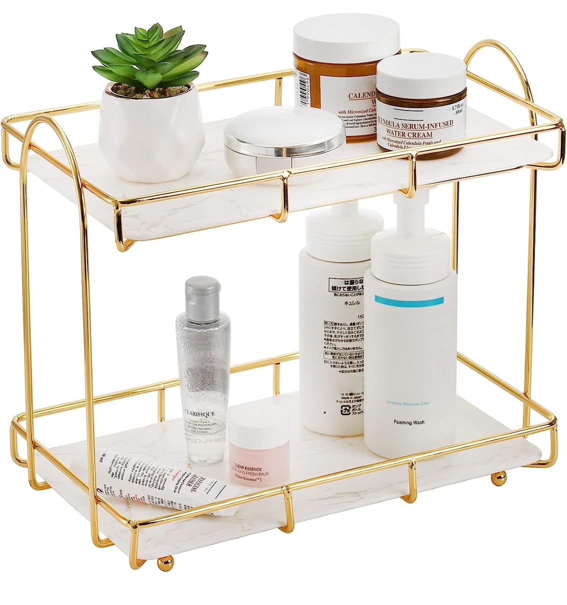 Kiwilon 2 Tier Golden Countertop Organizer for Bathroom Kitchen Rack with White Marble Look Plastic Tray Cosmetic Storage Shelf (12.4 x 6.8 x 9 Inch) (B0CCVR2Y79) Amazon Price History, Amazon Price Tracker