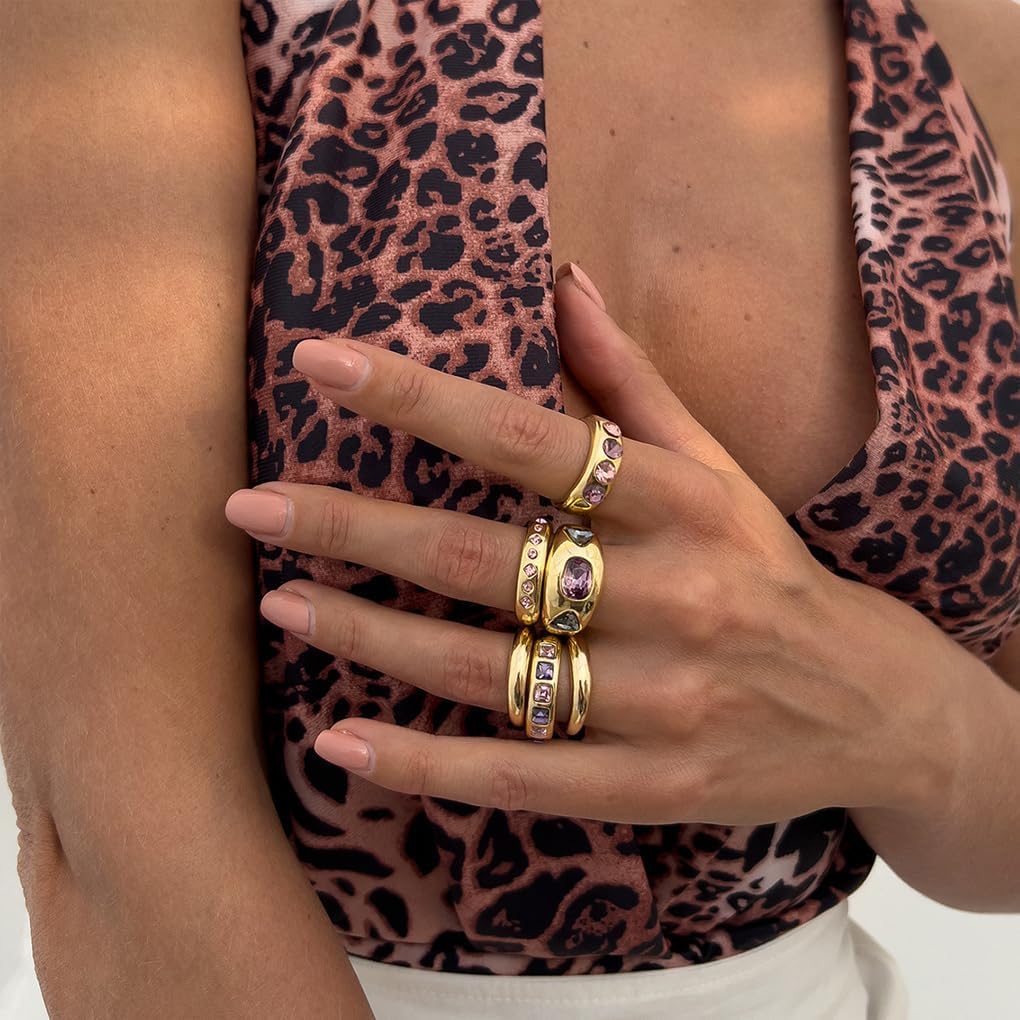 Chunky Gold Rings for Women Dainty Statement Ring Set Vintage Boho Rhinestone Ring Pack Crystal Stackable Rings Trendy Everyday Jewelry Accessories - Image 2